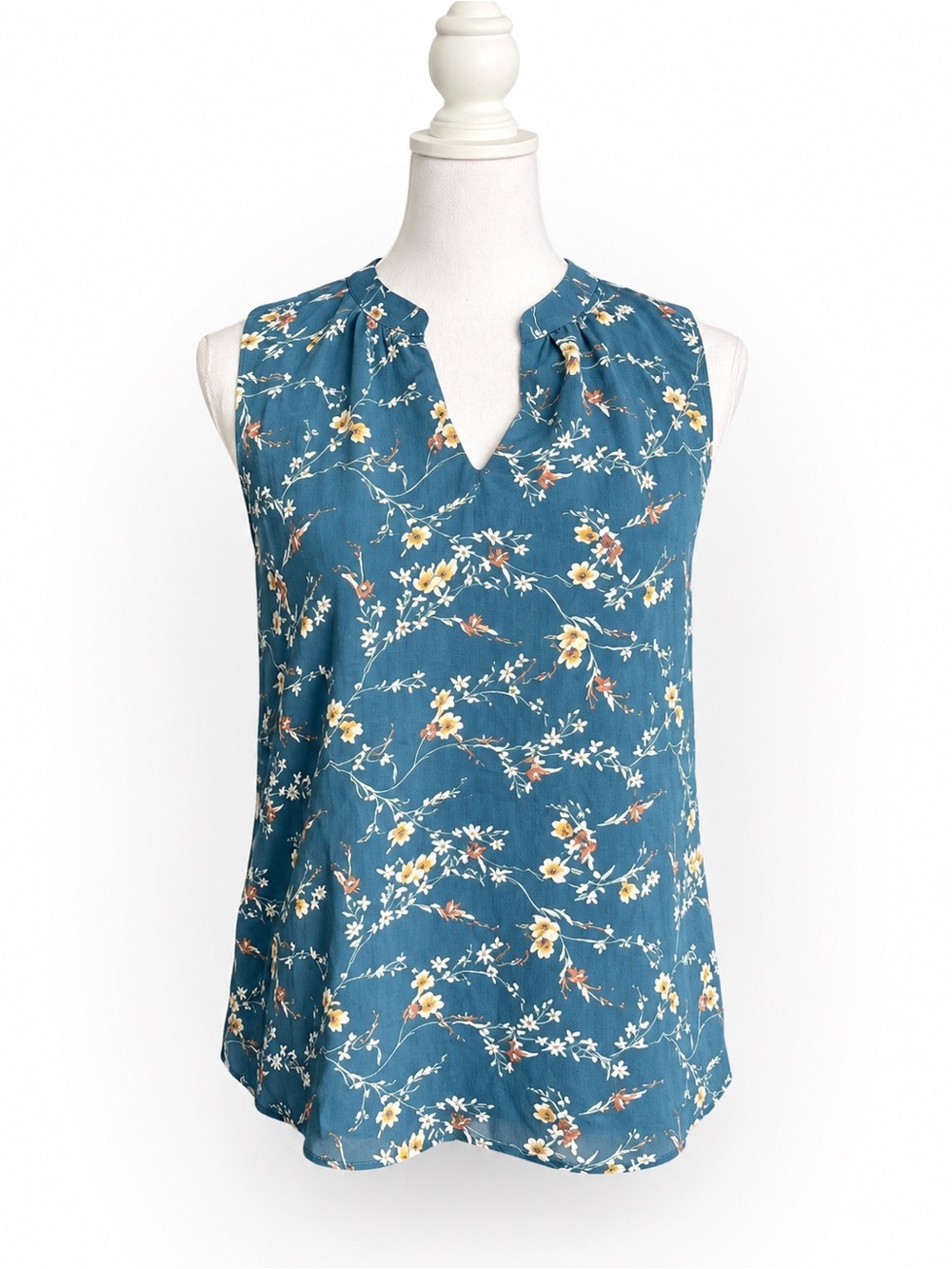 Sleeveless Teal Floral Split-Neck Women's Top